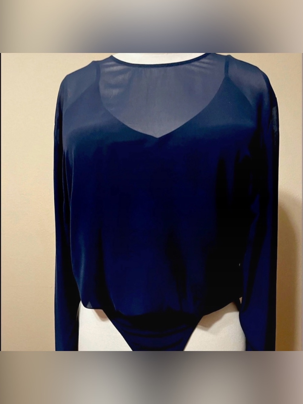 Express Navy Sheer V-Neck Long Sleeve Blouse